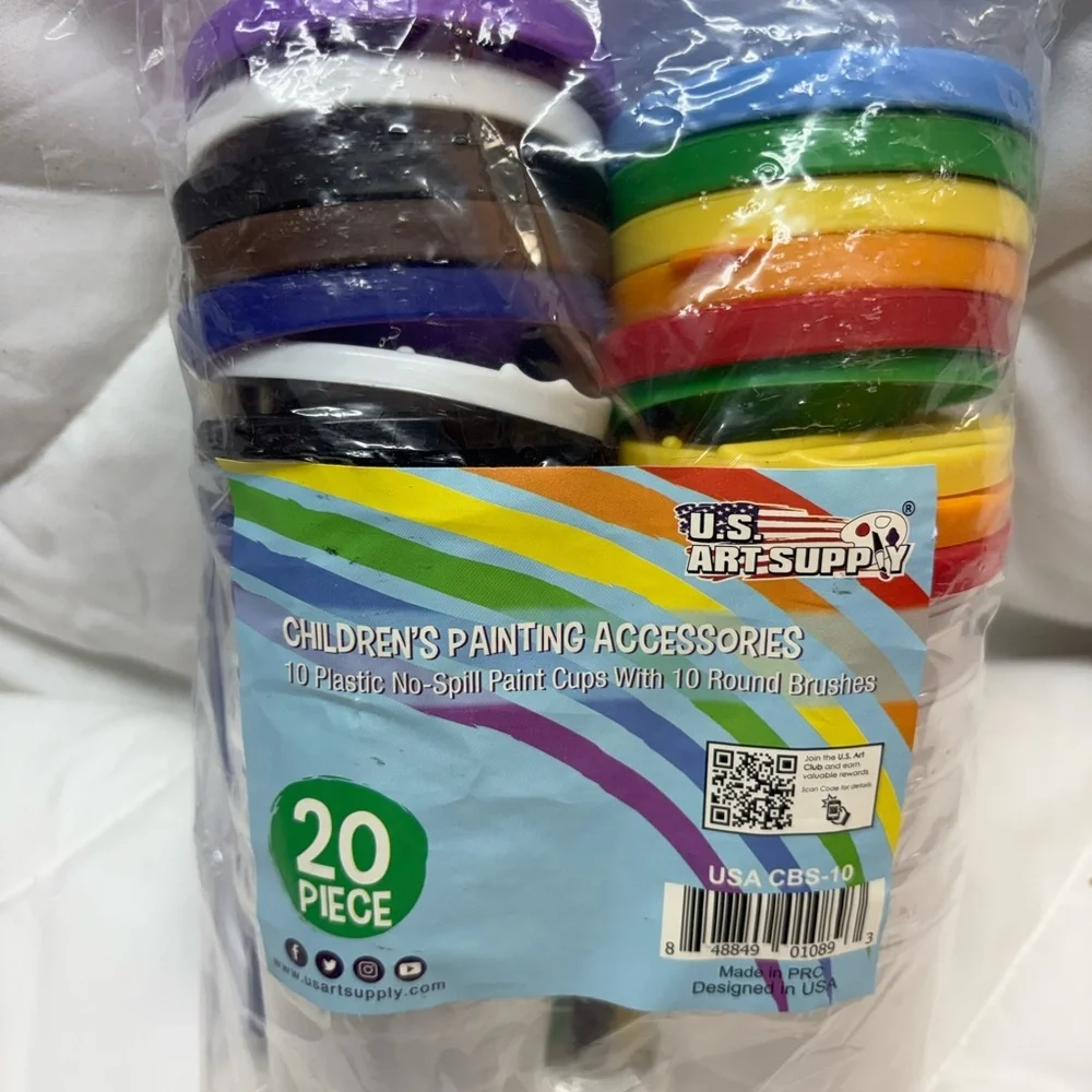20 piece Colorful Paint Set 10 Plastic No-Spill Paint Cups With 10 Round Brushes - Picture 2 of 3